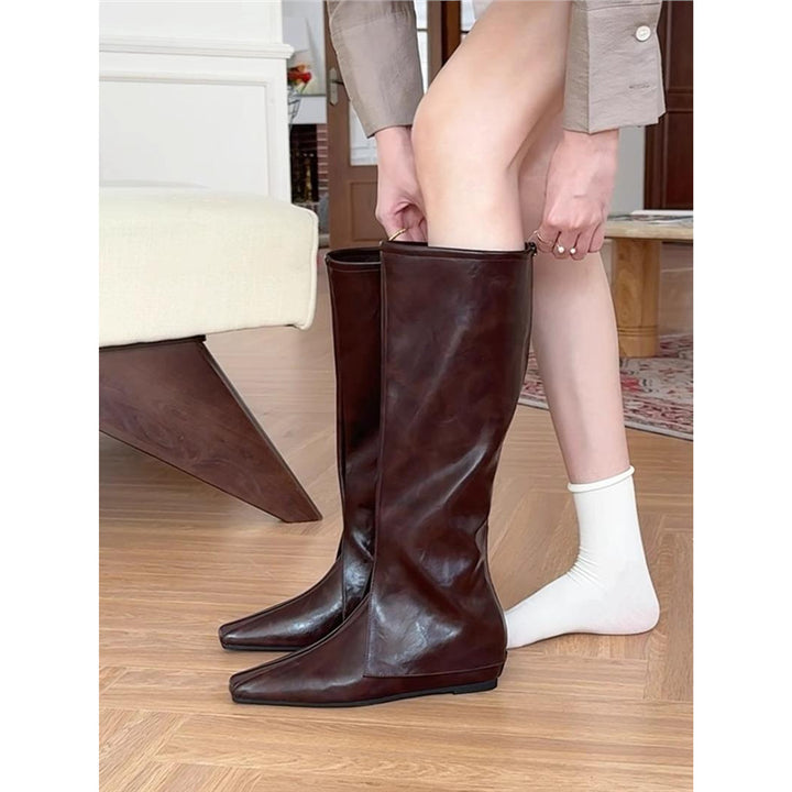 Damen Knielange Lederoptik-Stiefel mit quadratischer Zehenpartie und flacher Sohle Drune