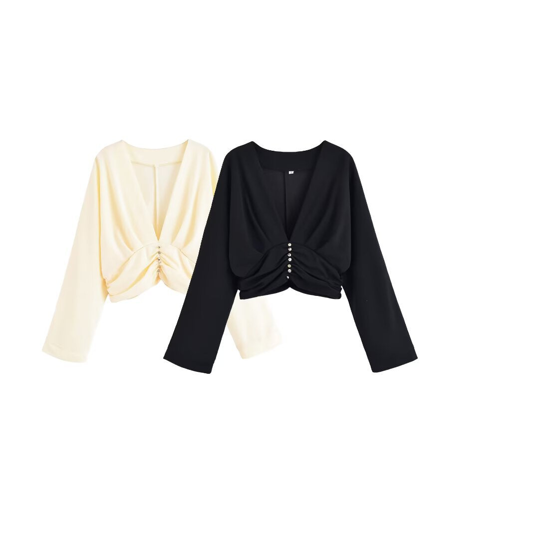 Damen legeres Blusenshirt mit Raffung und tiefem V-Ausschnitt Drune