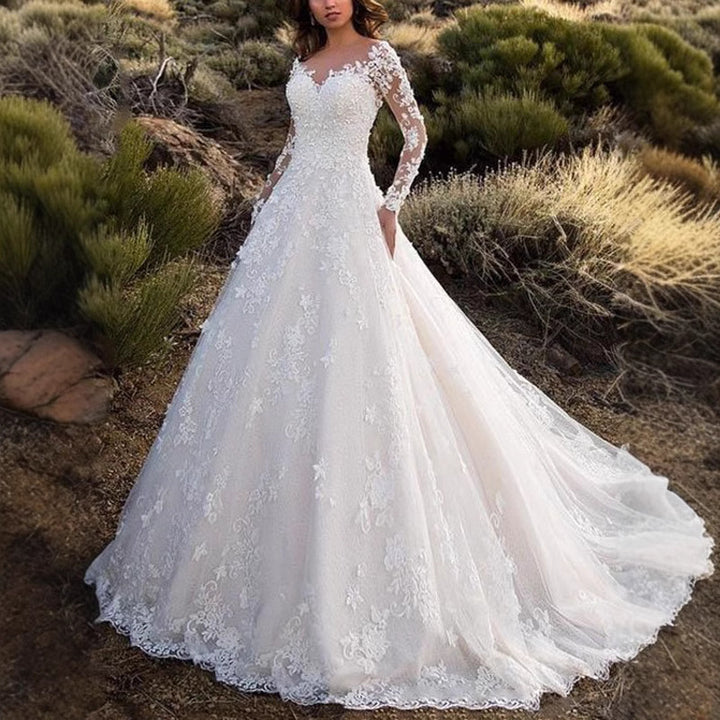Damen Elegantes Spitzen-Abendkleid mit tiefem V-Ausschnitt und langen Ärmeln Drune