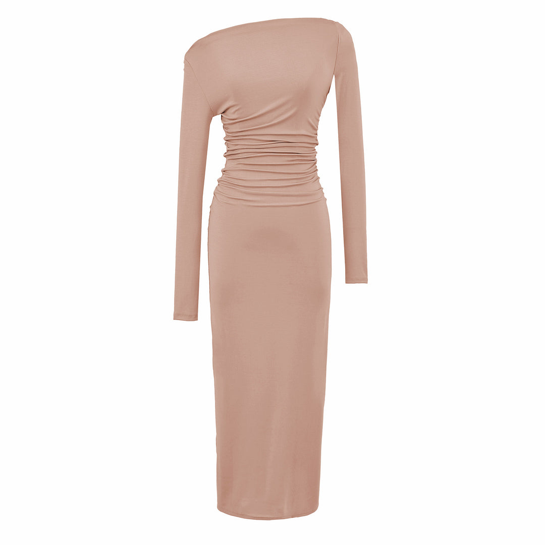 Damen Einschulter-Midikleid mit Langarm und seitlicher Raffung Drune