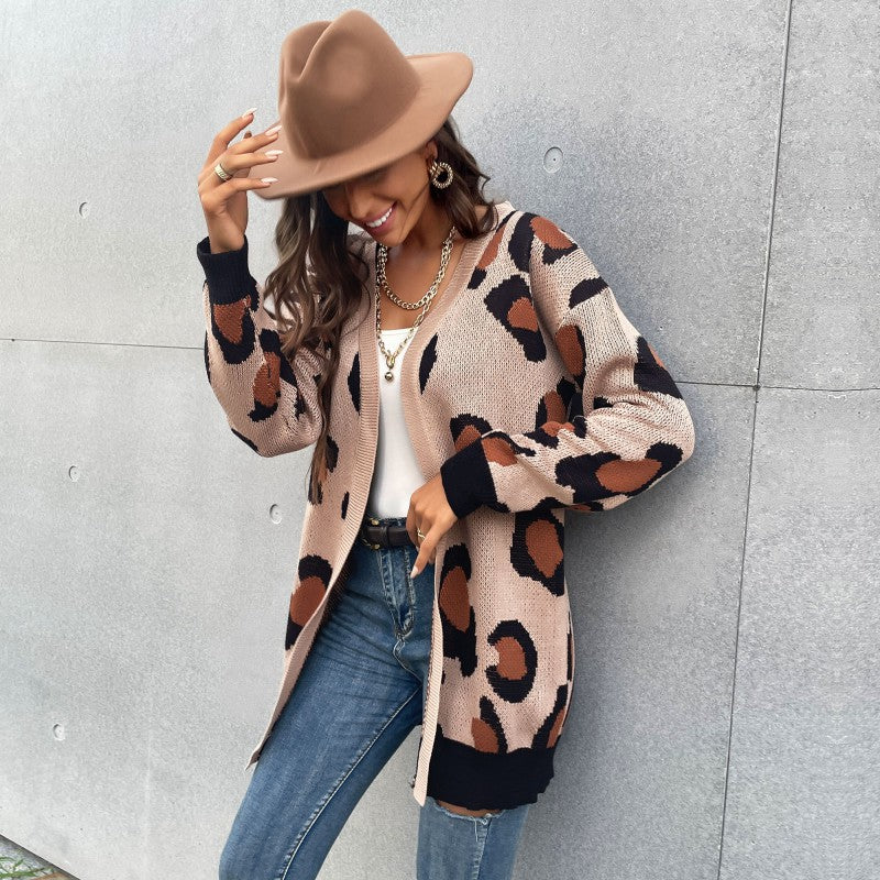 Damen Longline Cardigan im Leo-Jacquard mit offener Front und Rippbündchen Drune