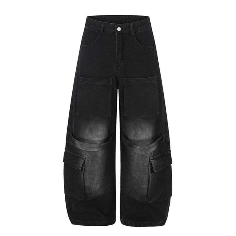 Damen Hochgeschnittene weite Cargo-Palazzo-Jeans mit großen aufgesetzten Taschen und Vintage-Waschung Drune