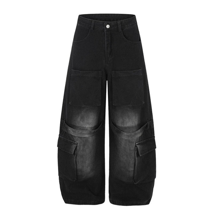 Damen Hochgeschnittene weite Cargo-Palazzo-Jeans mit großen aufgesetzten Taschen und Vintage-Waschung Drune