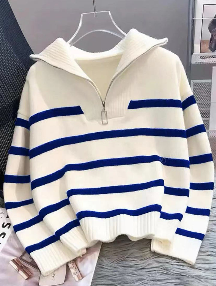 Damen Gestreifter Halb-Reißverschluss Strickpullover mit Rippenkragen Drune