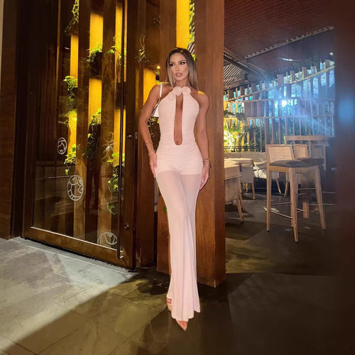 Damen Jumpsuit mit tiefem Ausschnitt und floralen Akzenten Drune
