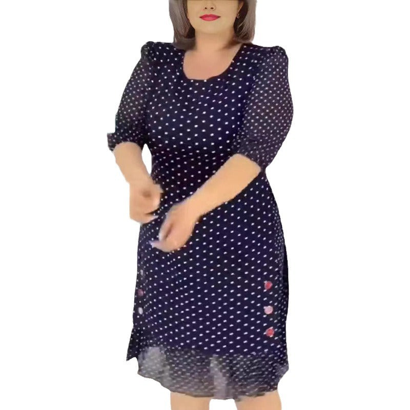 Damen nan Chiffon-Midikleid mit Pünktchenmuster, halblangen Puffärmeln, seitlicher Blumenstickerei und gerafftem Volantsaum Drune