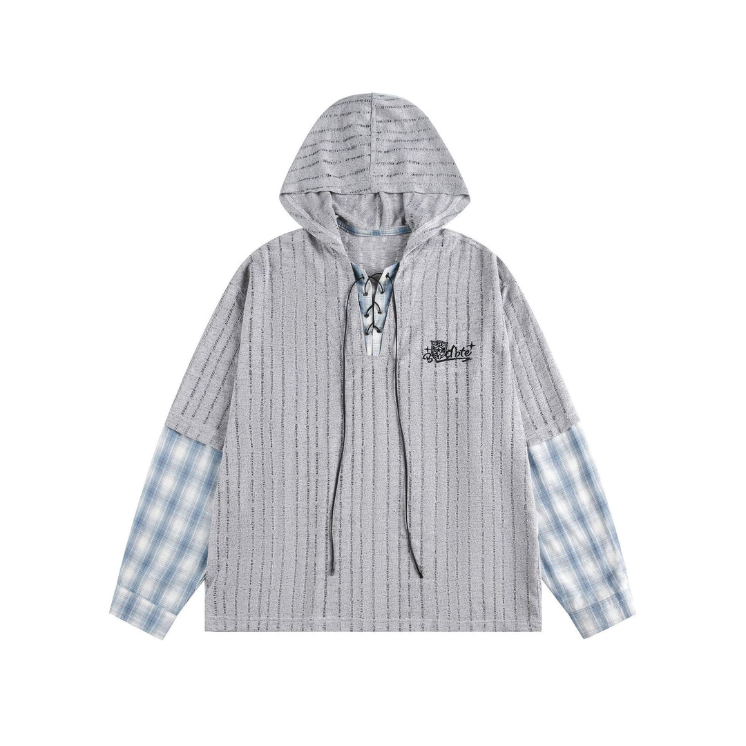 Unisex Lässiger Kapuzenpullover im Layering-Look mit Schnür‑V‑Ausschnitt Drune