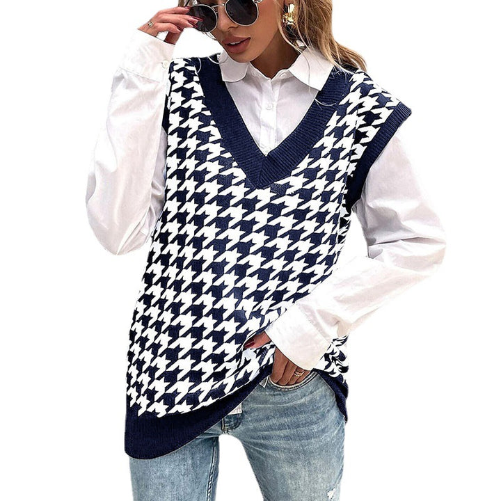 Damen Hochwertiger Strickpullover mit V-Ausschnitt und Hahnentrittmuster Drune