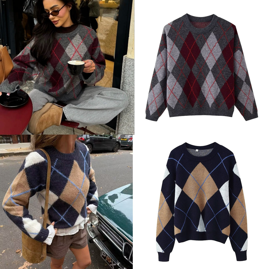 Damen Rauten-Argyle Strickpullover mit Rundhals und leichtem Oversize-Schnitt Drune