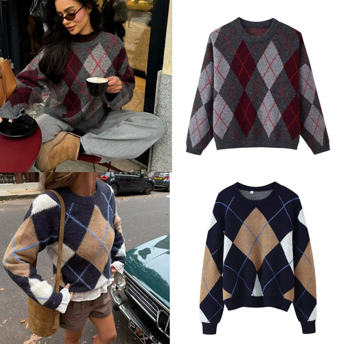 Damen Rauten-Argyle Strickpullover mit Rundhals und leichtem Oversize-Schnitt Drune