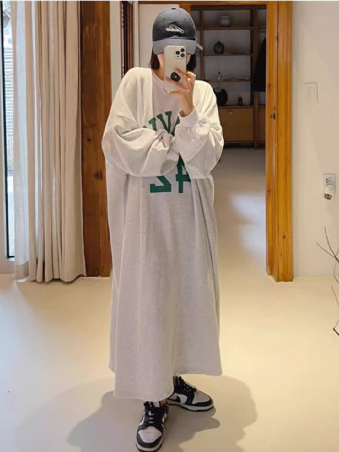 Damen Langes Oversize Hoodie‑Sweatkleid im College‑Look mit Raglanärmeln Drune