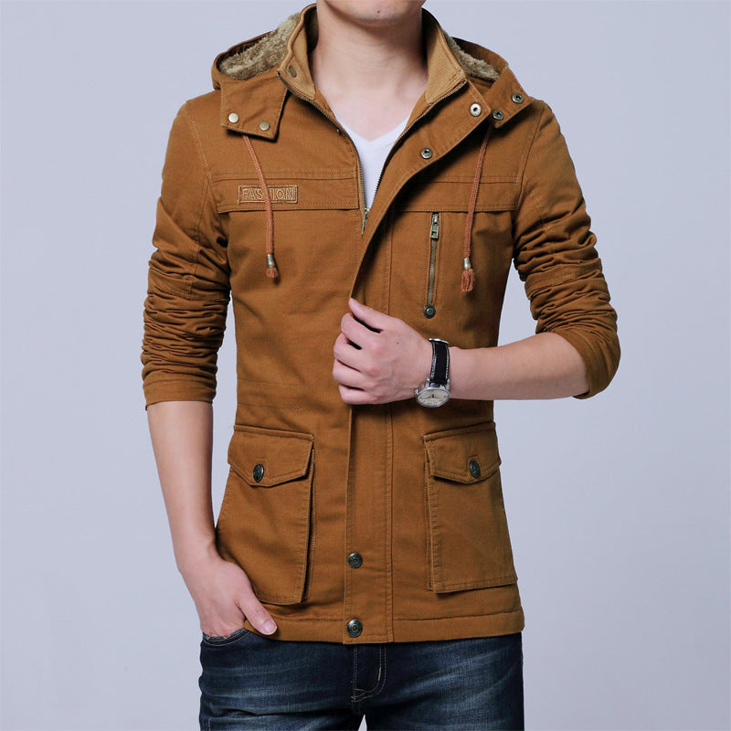 Herren Canvas-Parka mit gefütterter Kapuze, Multifunktions-Taschen und verdecktem Reißverschluss Drune