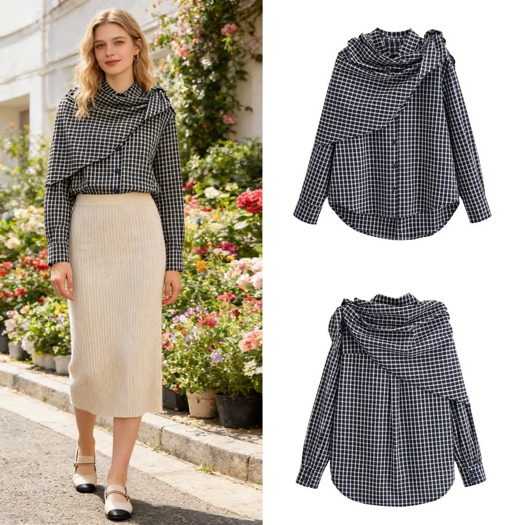 Damen Asymmetrische Karo-Hemdbluse mit integriertem Schal-Tuch und Knopfleiste Drune