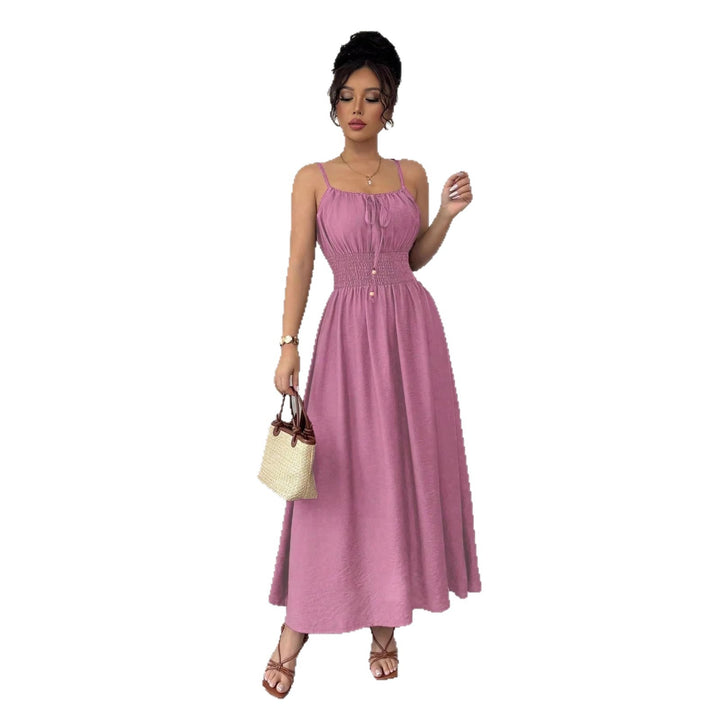 Damen Midikleid mit Smokbund, Spaghettiträgern und Bindekordel Drune