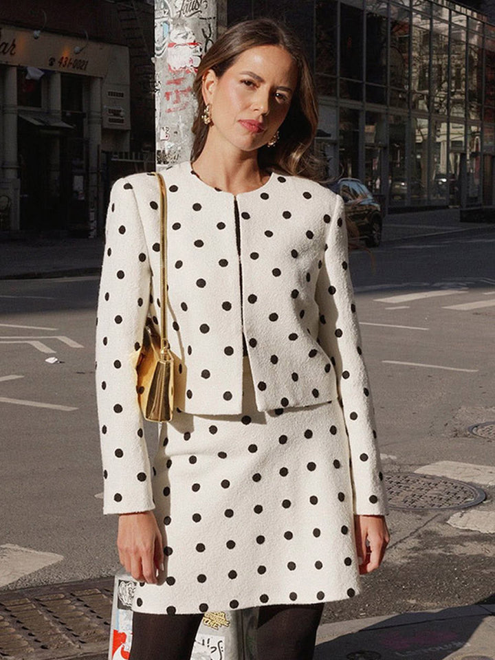 Damen Zweiteiliges Bouclé-Set mit kurz geschnittener Jacke und A‑Linien Minirock Drune