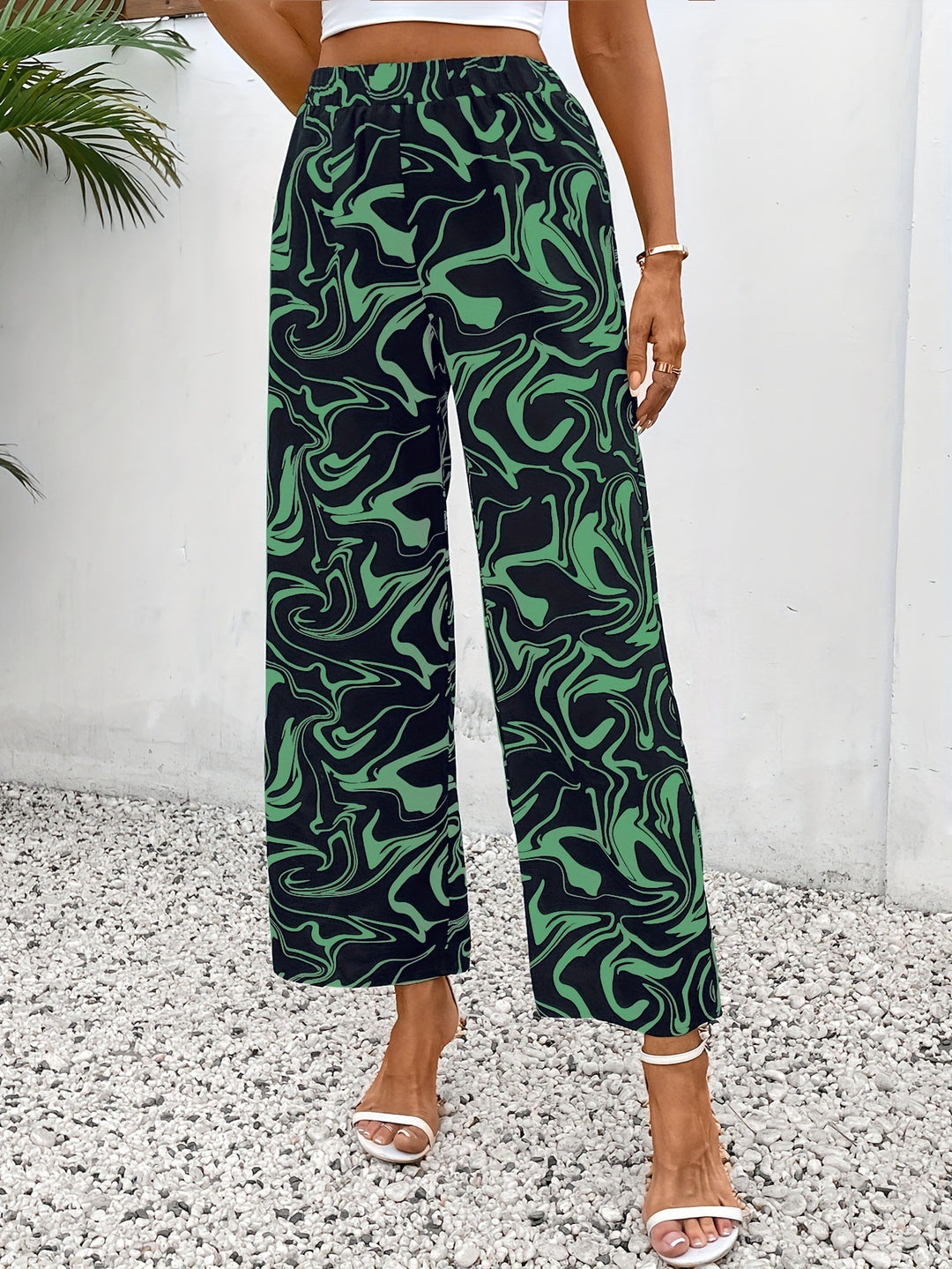 Damen Weite Palazzo-Hose mit modernem Marmorprint und elastischem Bund Drune