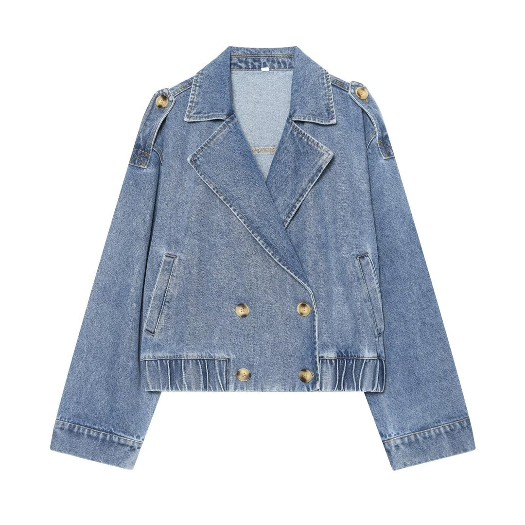 Damen kurze Double-Breasted Jeansjacke mit Überschlagkragen, Schulterklappen und gesmoktem Saum Drune