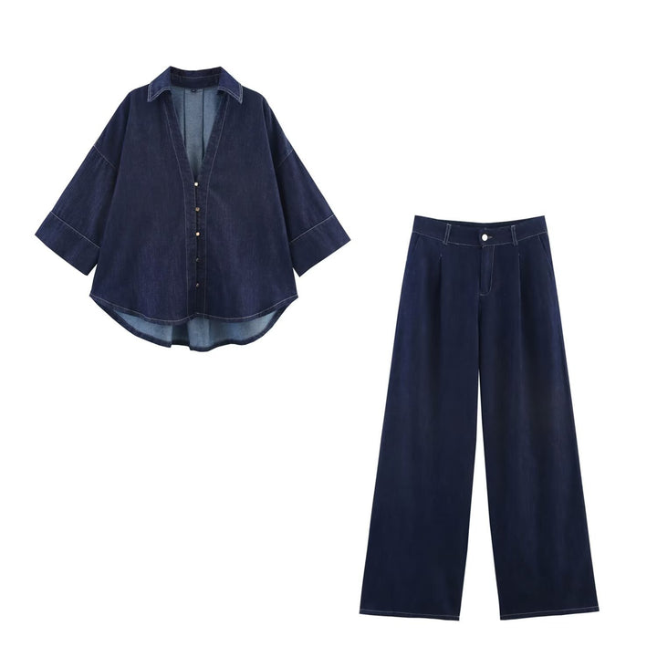 Damen Oversized Denim‑Hemdenjacke mit dreiviertel Ärmeln und High‑Low‑Saum Drune