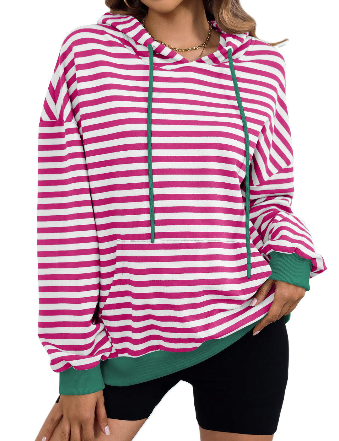 Damen gestreifter Kapuzenpullover mit stylischer Kängurutasche Drune