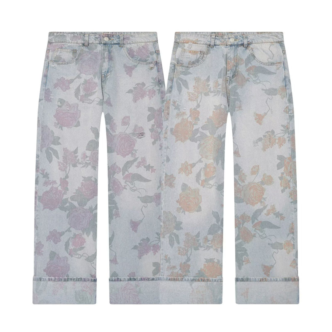 Damen Highwaist-Jeans mit weitem Bein, floralem Allover-Print und Umschlag Drune
