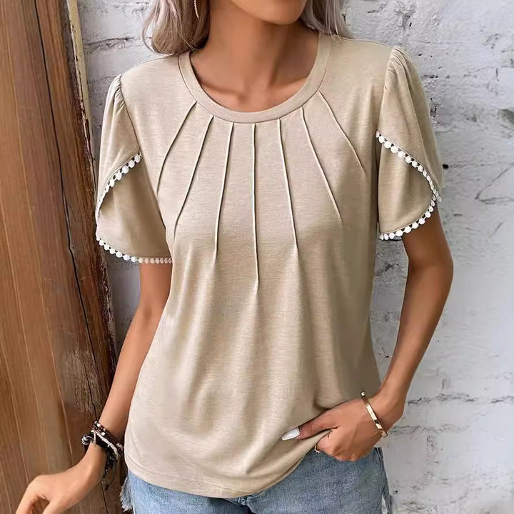 Damen nan Rundhals-Shirt mit dekorativer Kellerfalten-Front, Flatterärmeln und Pompon-Borte Drune