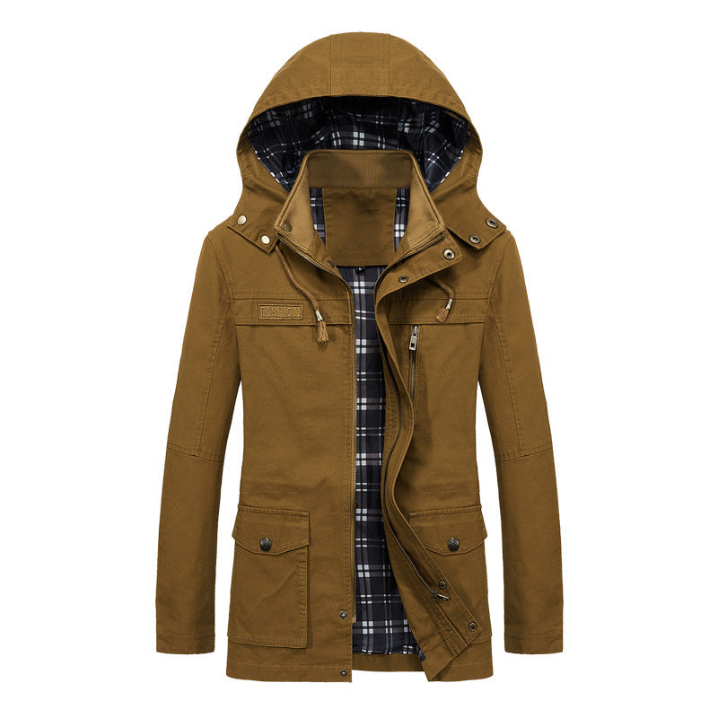Herren leichter Kapuzen‑Fieldparka aus Baumwollmix mit karierter Innenfütterung Drune
