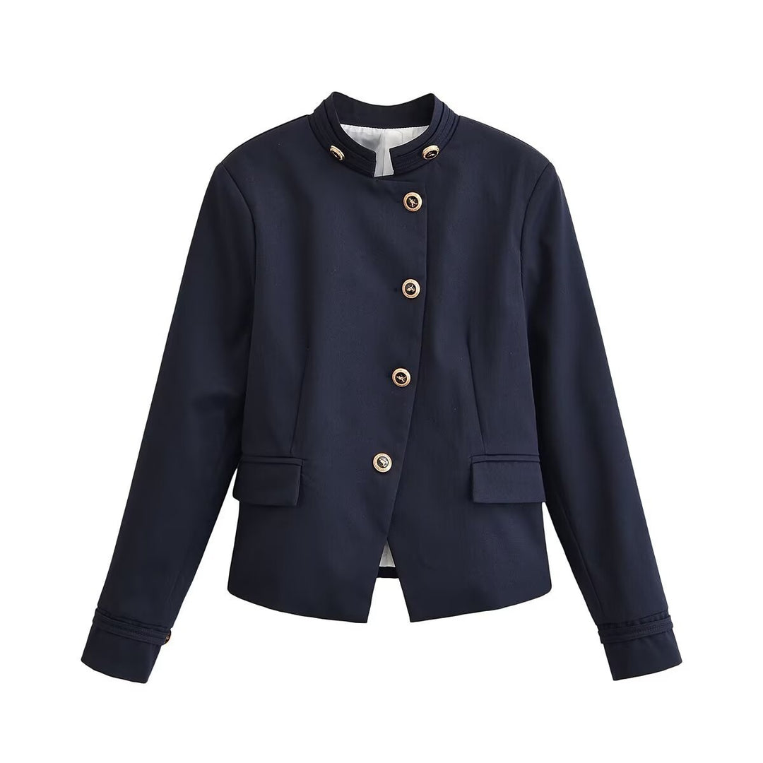 Damen Elegante taillierte Kurzjacke im Marine-Stil mit Stehkragen, Zierknopfleiste und Pattentaschen Drune