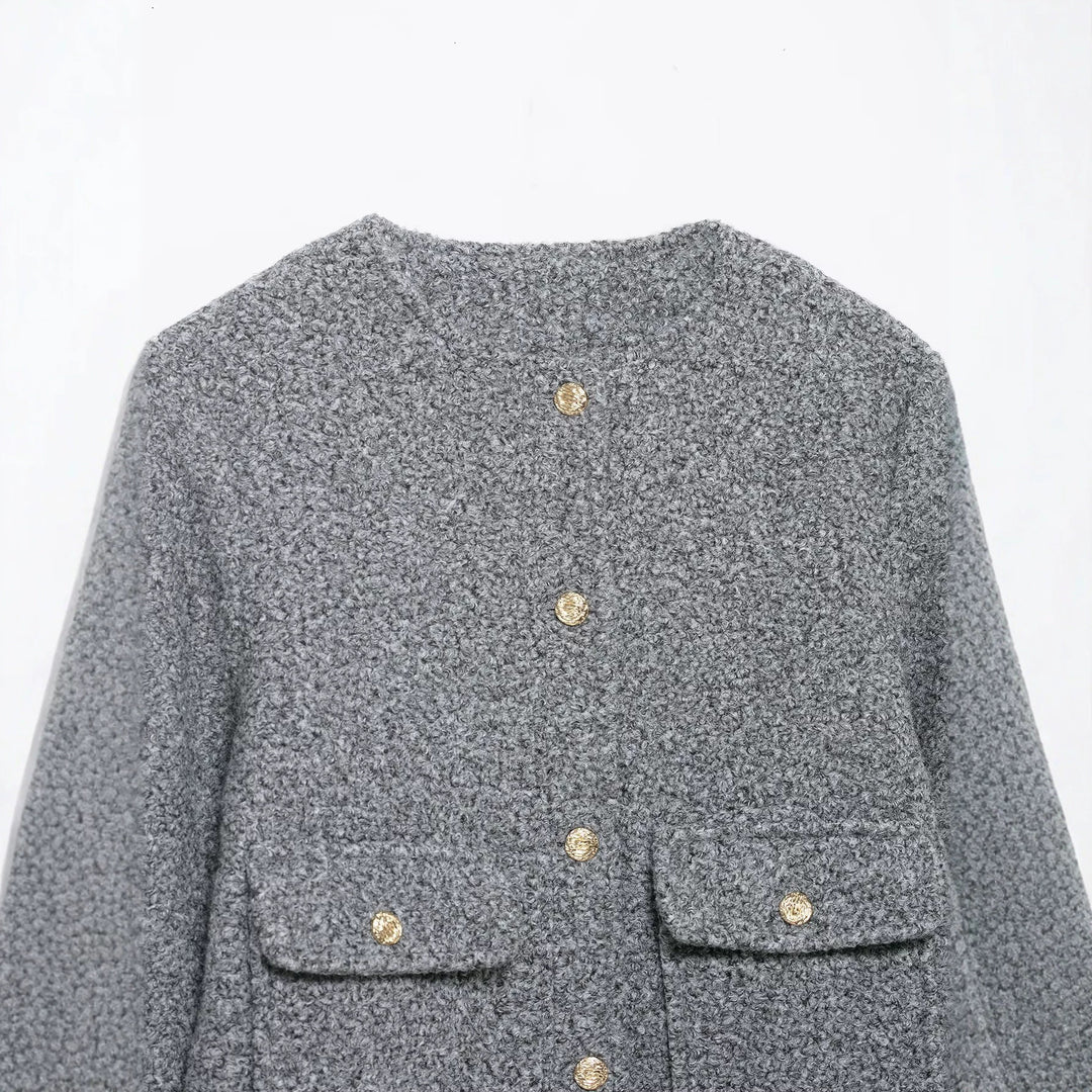 Damen Bouclé-Boxy-Jacke mit goldenen Knöpfen und aufgesetzten Taschen Drune