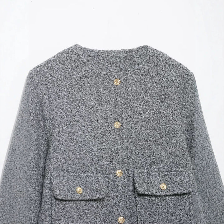 Damen Bouclé-Boxy-Jacke mit goldenen Knöpfen und aufgesetzten Taschen Drune
