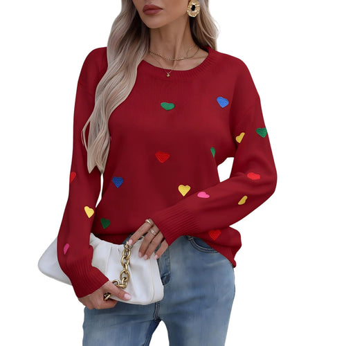 Damen Pullover mit buntem Herzdesign und weitem Schnitt Drune
