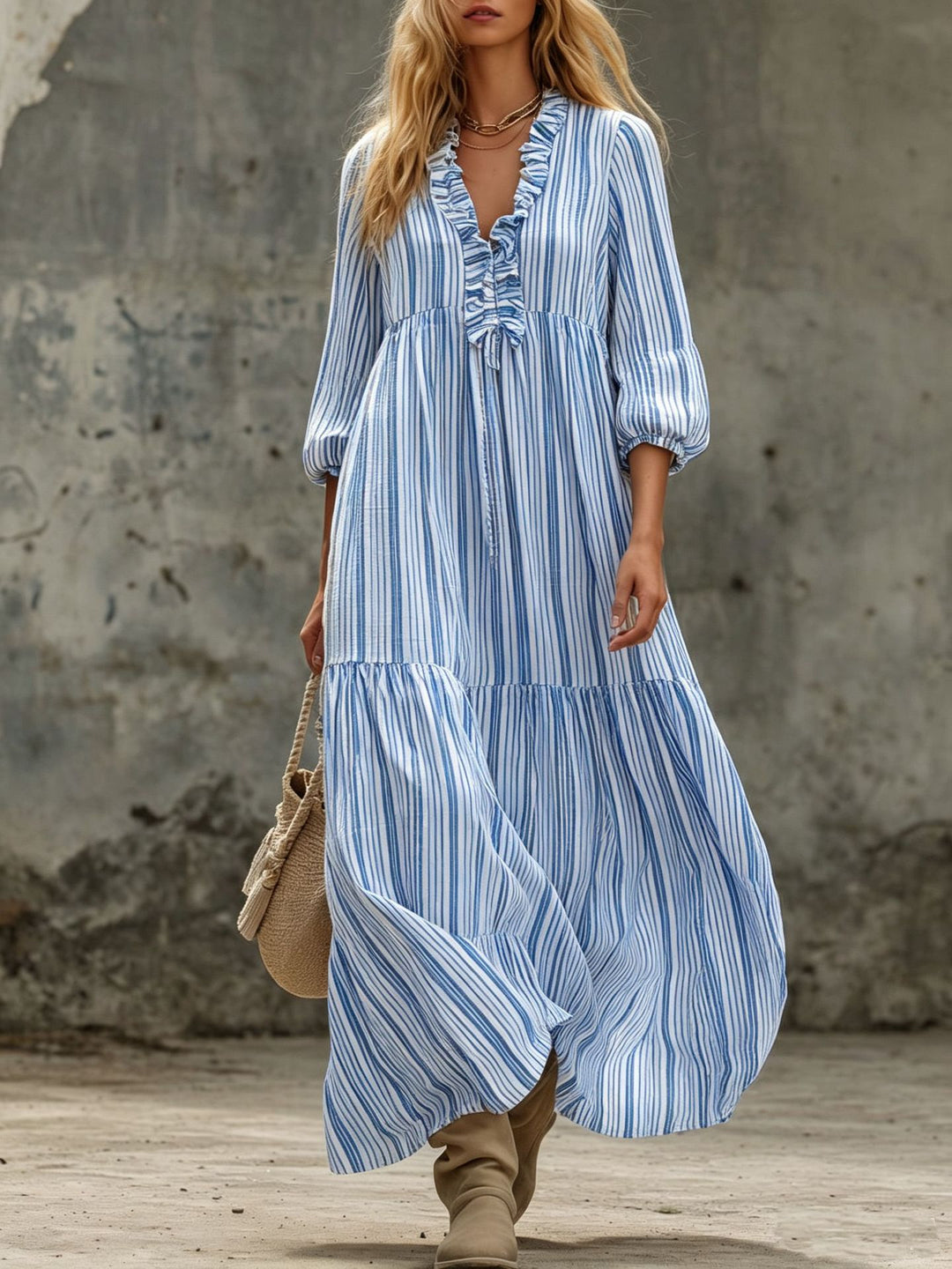 Damen Maxikleid mit Rüschen-V-Ausschnitt und Ballonärmeln Drune