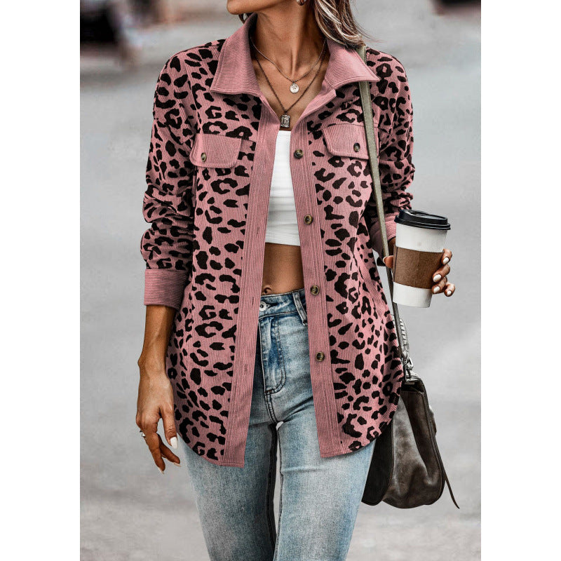 Damen tierisches Print-Langarm-Hemdjacke mit aufgesetzten Taschen Drune