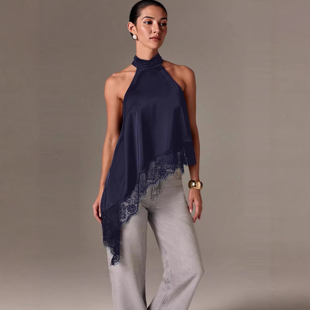 Damen luftiges Chiffon-Top mit eleganter Spitzenverzierung Drune