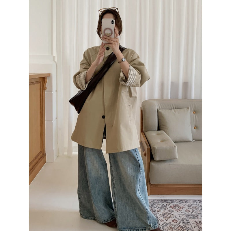 Damen Oversize-Mantel mit Stehkragen und kariertem Ärmelsaum Drune