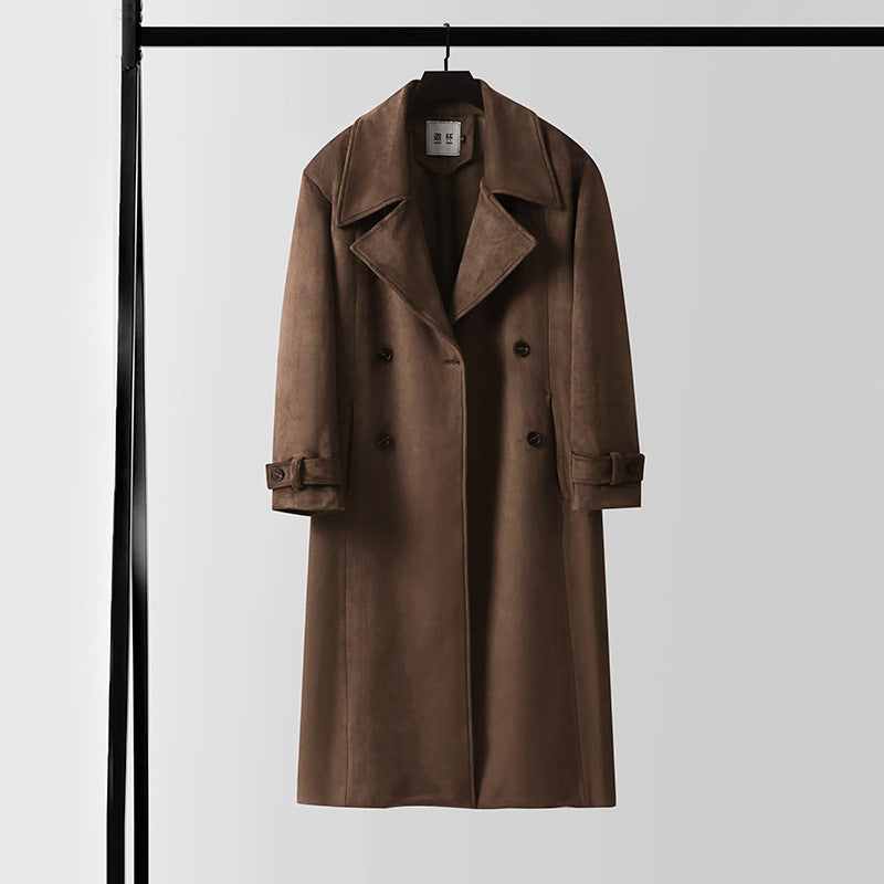 Herren Maxilanger Trenchcoat aus Velourslederoptik mit Doppelreihe und Taillenband Drune