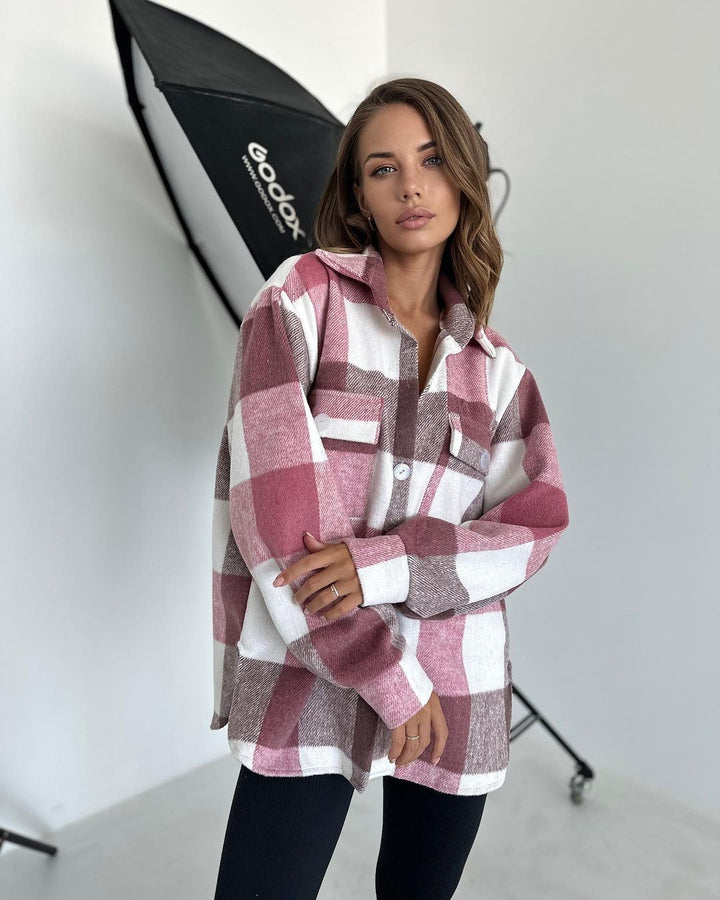 Damen Karierter Overshirt im Shacket-Stil mit Saumtaschen und Knopfverschluss Drune