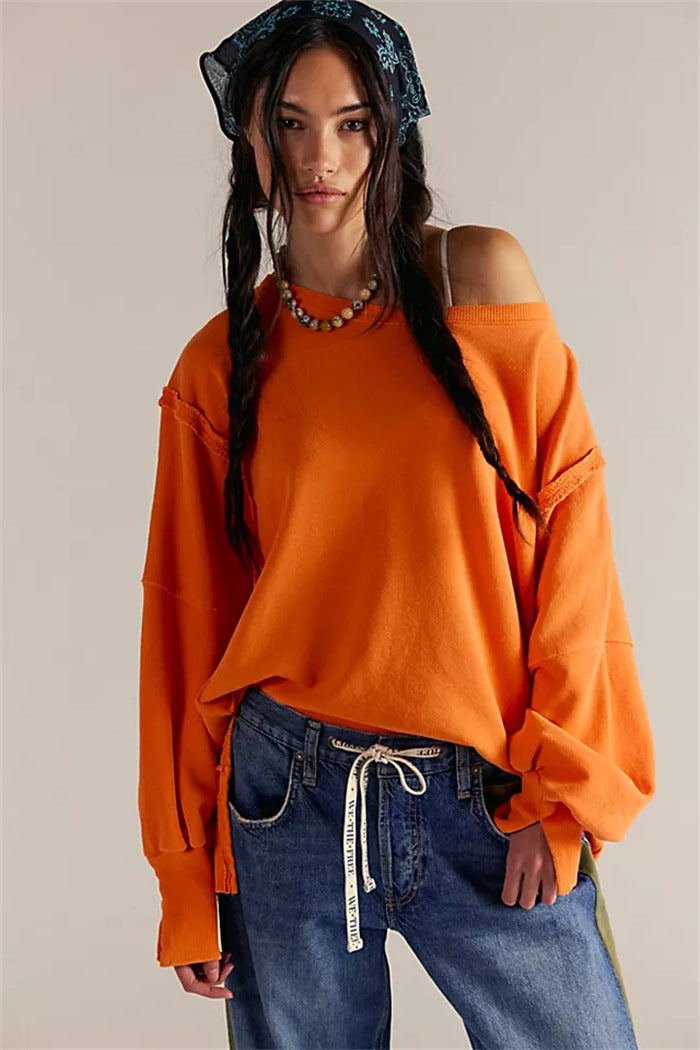 Damen oversized Sweatshirt mit Ballonärmeln, offenen Saumnähten und seitlichen Schlitzen Drune