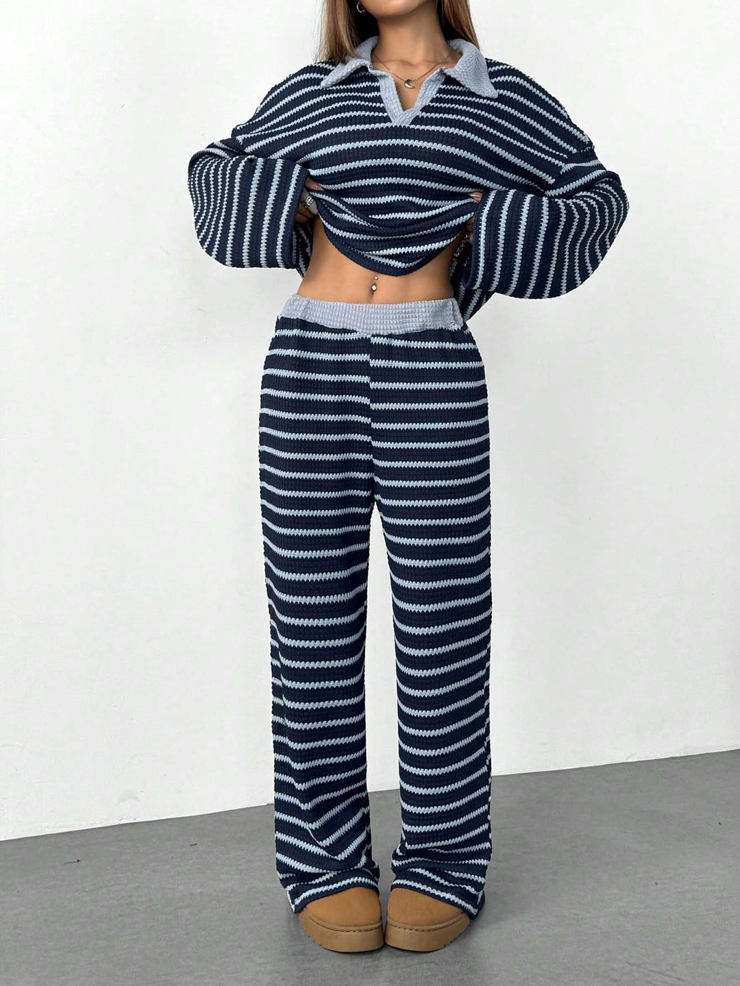 Damen Gestreiftes Strick-Set aus Polokrippenpullover und weiten Palazzo-Strickhose Drune