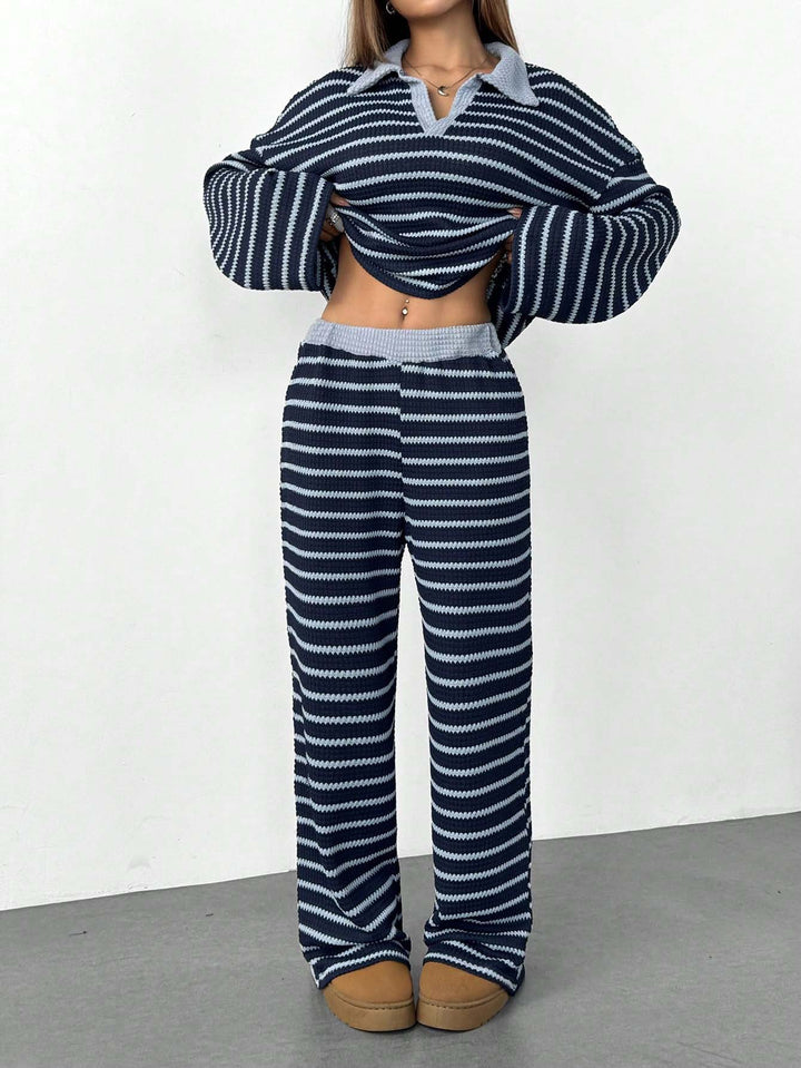 Damen Gestreiftes Strick-Set aus Polokrippenpullover und weiten Palazzo-Strickhose Drune