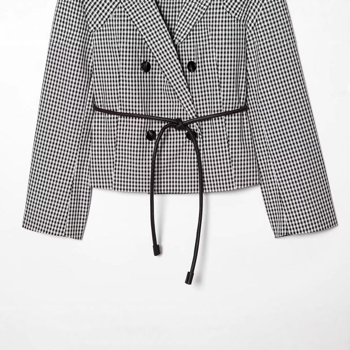 Damen Karo-Cropped-Blazer mit doppelreihiger Knopfleiste und Tunnelzugbindegürtel Drune