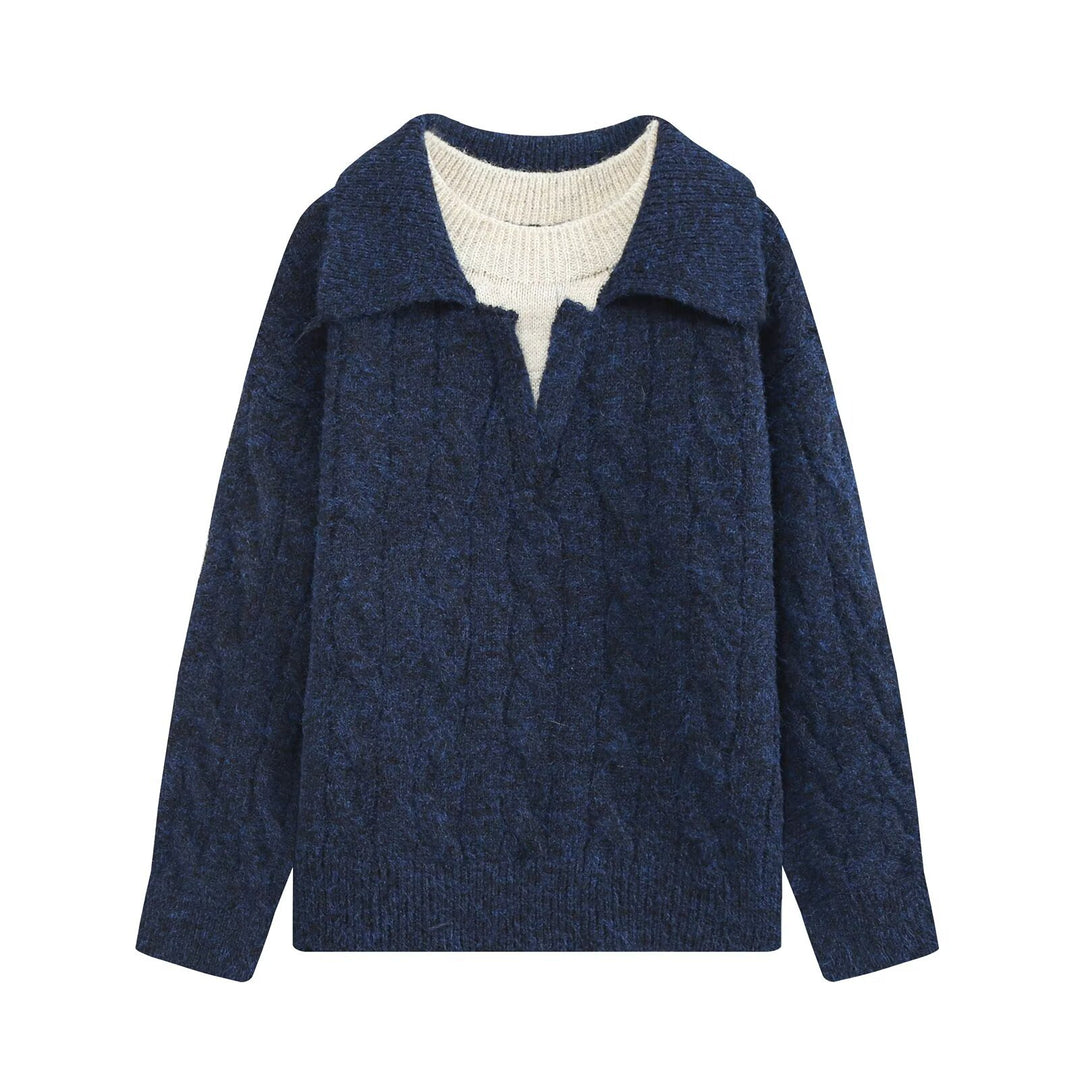 Damen Grobgestrickter Oversize-Pullover mit Polokragen und Zopfmuster Drune