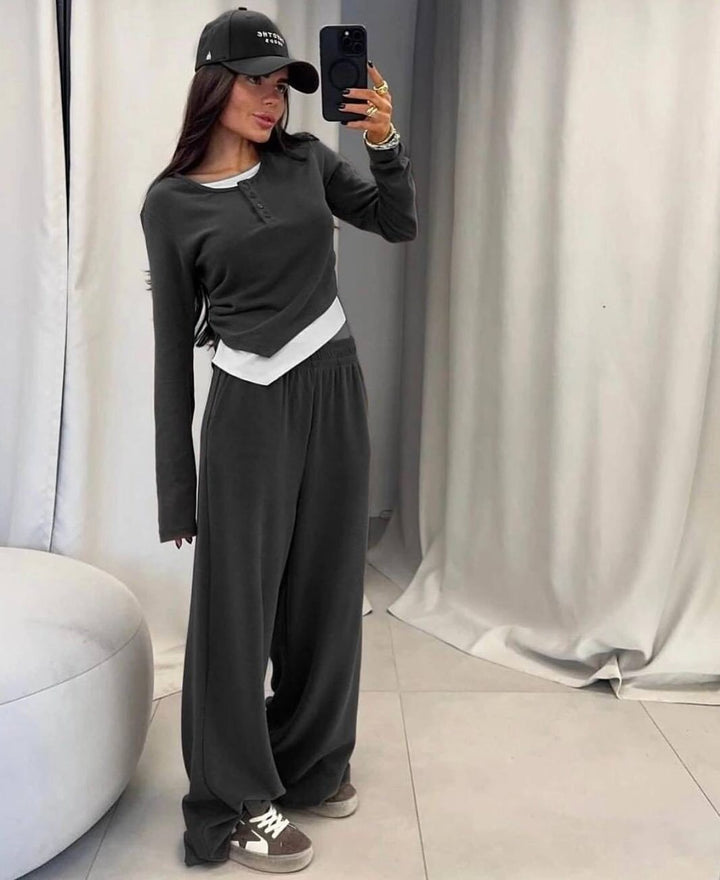 Damen Loungewear-Set aus weichem Modal mit Henley-Knopfleiste und weitem High-Waist Jogger Drune