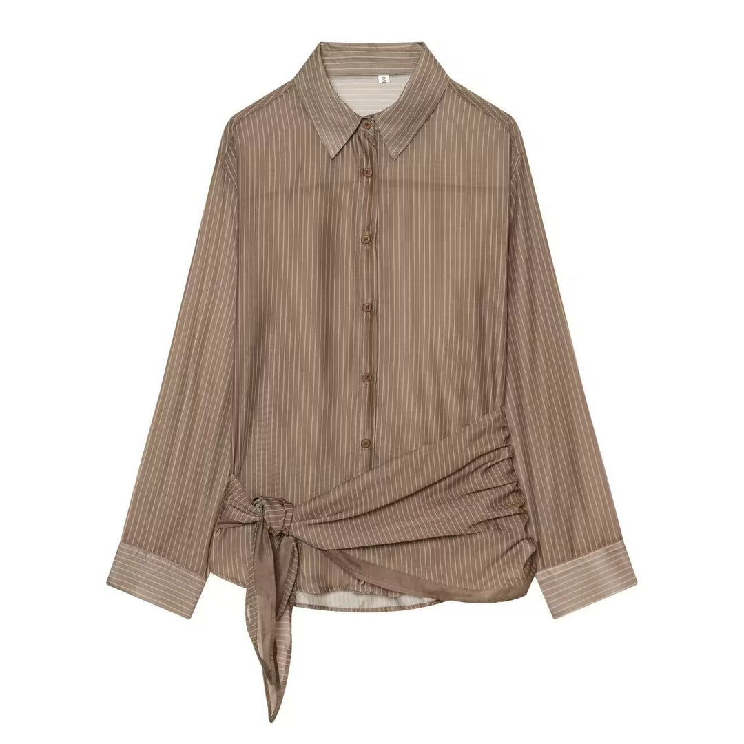 Damen Nadelstreifen-Seidenoptik-Bluse mit seitlicher Knotendetail Drune