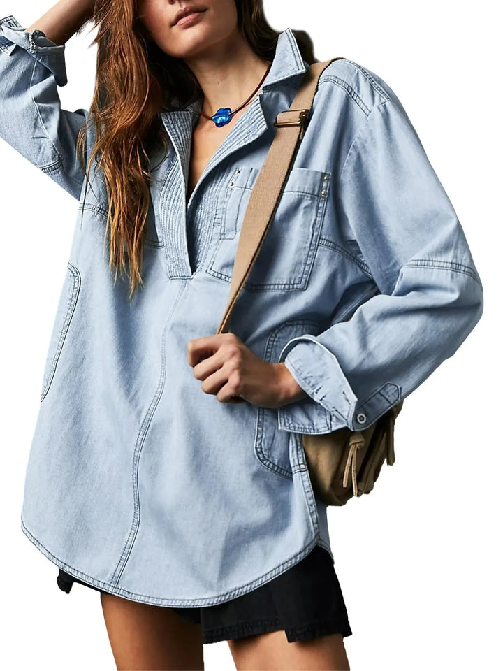 Damen Denim-Shirt mit detailreicher Steppung und lässigem Schnitt Drune