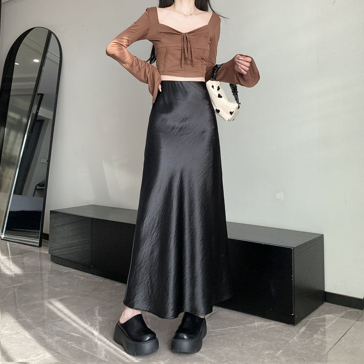 Damen nan eleganter Midirock aus Satin mit A-Linie und nahtlosem Bund Drune