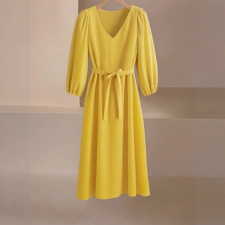 Damen Maxikleid mit V-Ausschnitt und eleganten Puffärmeln Drune