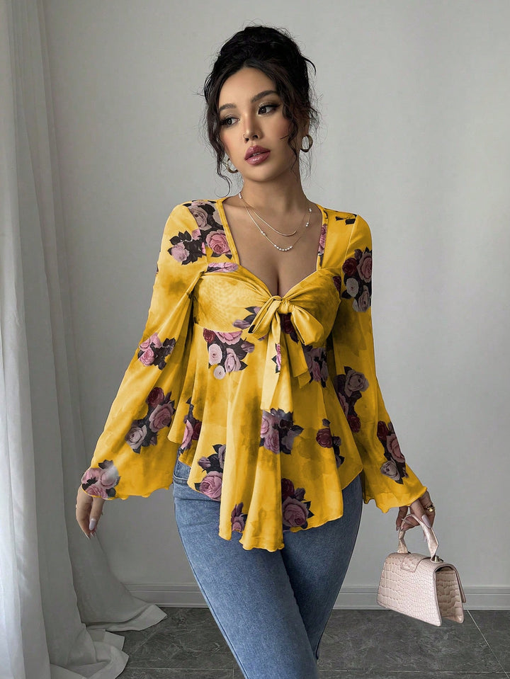 Damen Transparente Chiffon-Babydoll-Bluse mit Knotenfront und floralem Allover-Print Drune