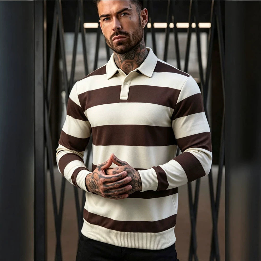 Herren gestreifter Rugby-Polo-Pullover mit Knopfleiste und Rippbündchen Drune