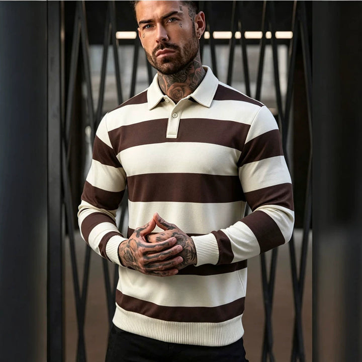 Herren gestreifter Rugby-Polo-Pullover mit Knopfleiste und Rippbündchen Drune