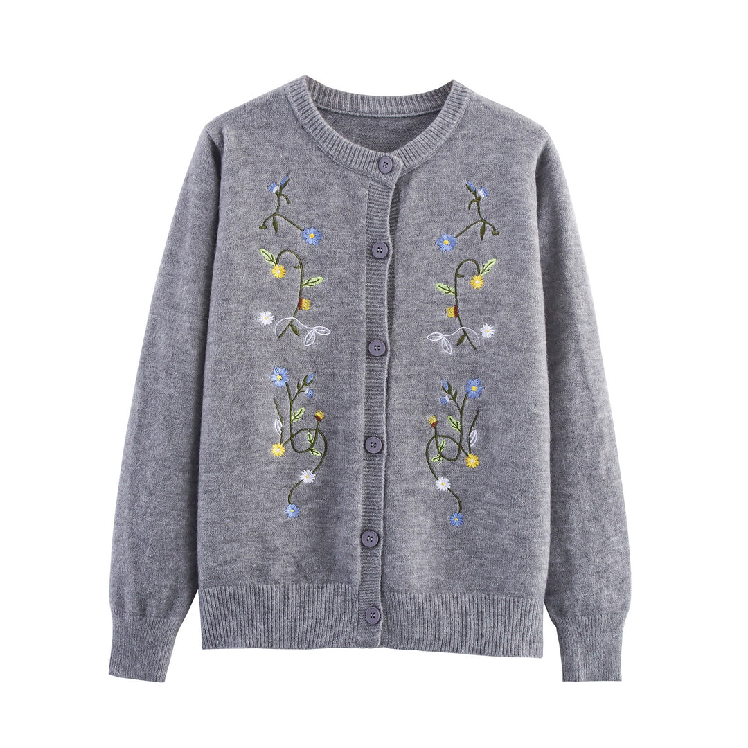 Damen Strickjacke mit floralem Stickdesign und dekorativen Knöpfen Drune